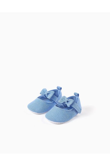Canvas Mary Jane shoes with bow for newborn girls blue