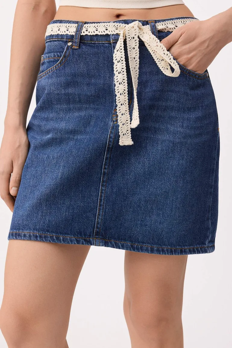 Teen Blue Mid Waist Lace Belted Mini Denim Skirt - 2