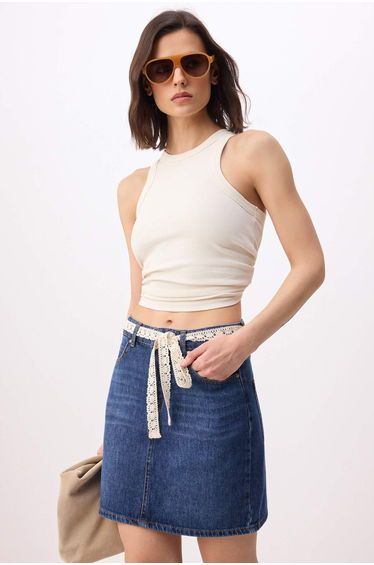 Teen Blue Mid Waist Lace Belted Mini Denim Skirt