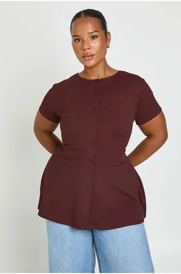 Plus Rib Button Down Peplum Top - chocolate