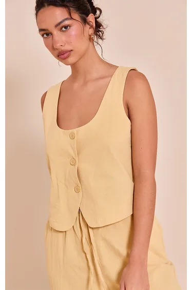 Butter Yellow Tailored Linen Look Scoop Neck Fitted Waistcoat