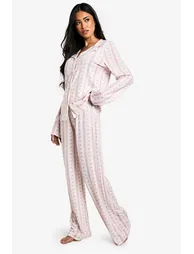 طقم بيجاما بنطلون و قميص بأكمام طويلة بطبعة فيونكة - زهري  - 2