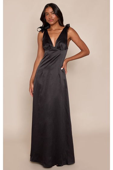 Black Satin Tie Shoulder Maxi Dress