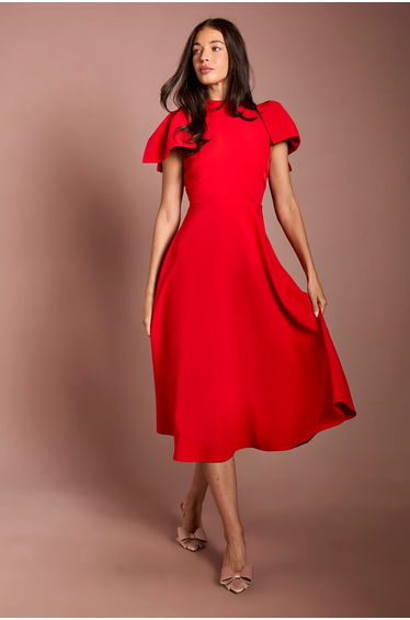 Bow Shoulder Crepe Midi Dress