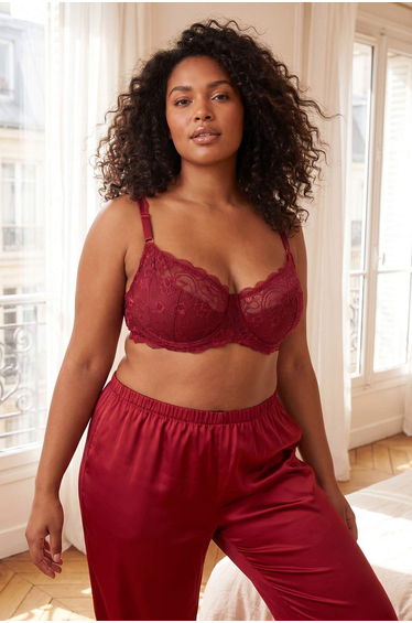 Dark Cherry Lace Openwork/Hole Detailed Covered Strap Balconette Knitted Bra