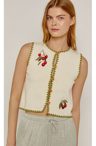 Cream Cherry Embroidered Waistcoat