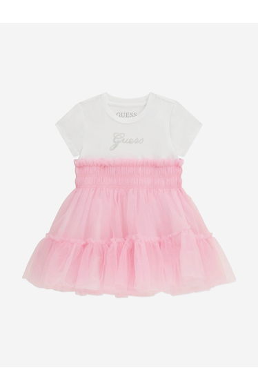 Guess Girls Mixed Fabric Dress in Pink