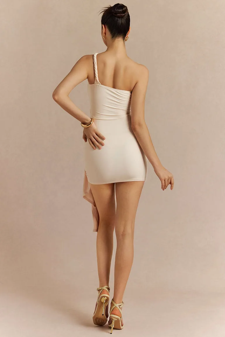 One Shoulder Twist Knot Asymmetrical Tie-Up Ruched Sleeveless Mini Dress - 1