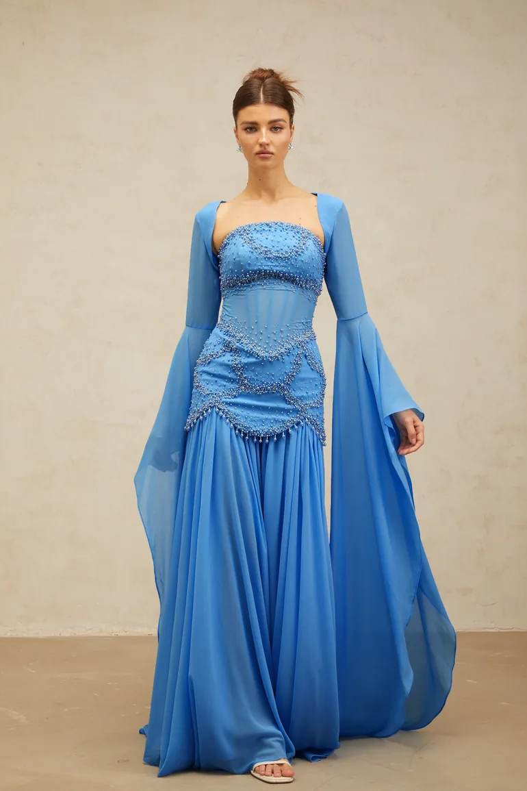 Gaëlle blue faux-pearl-embellished pleated maxi dress - 8