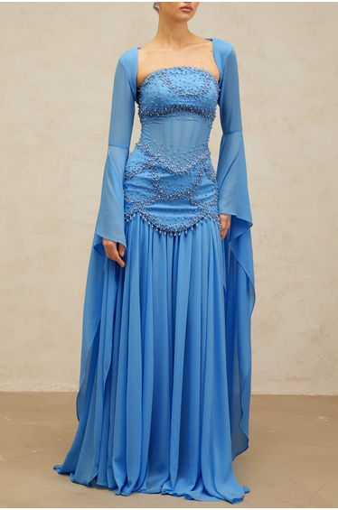 Gaëlle blue faux-pearl-embellished pleated maxi dress