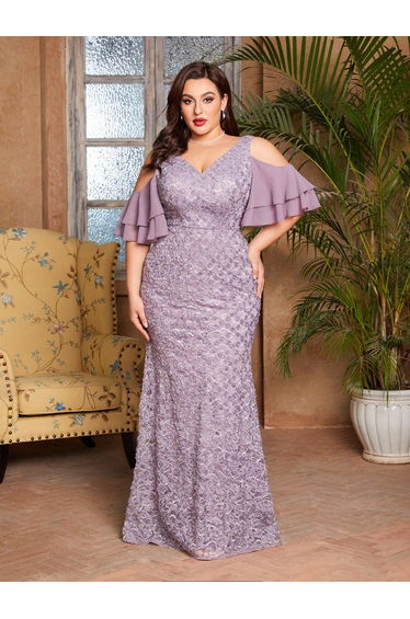 Leely Plus Women's Elegant V Neck Cold Shoulder Mermaid Dress