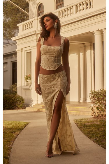 Cream Floral Textured Thigh High Split Maxi Skirt