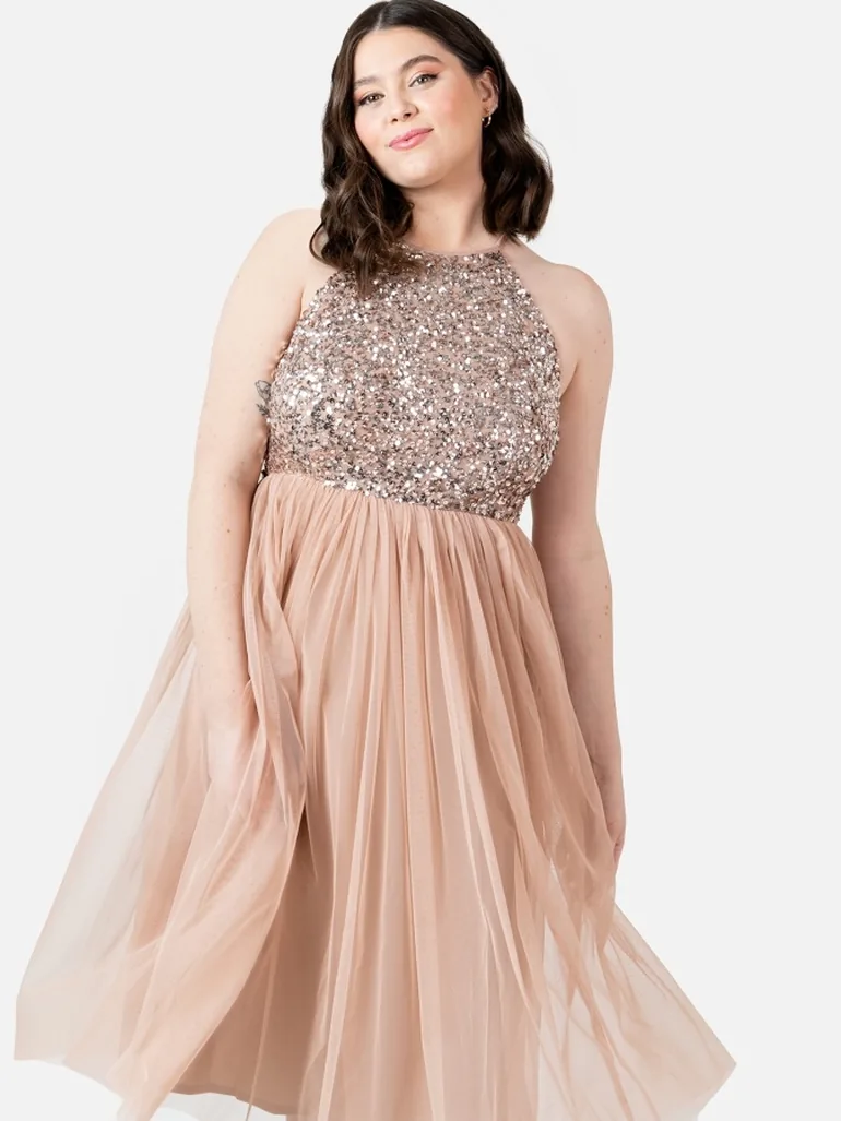 Shop Maya Taupe Blush Embellished Halter Neck Midi Dress Online in Oman