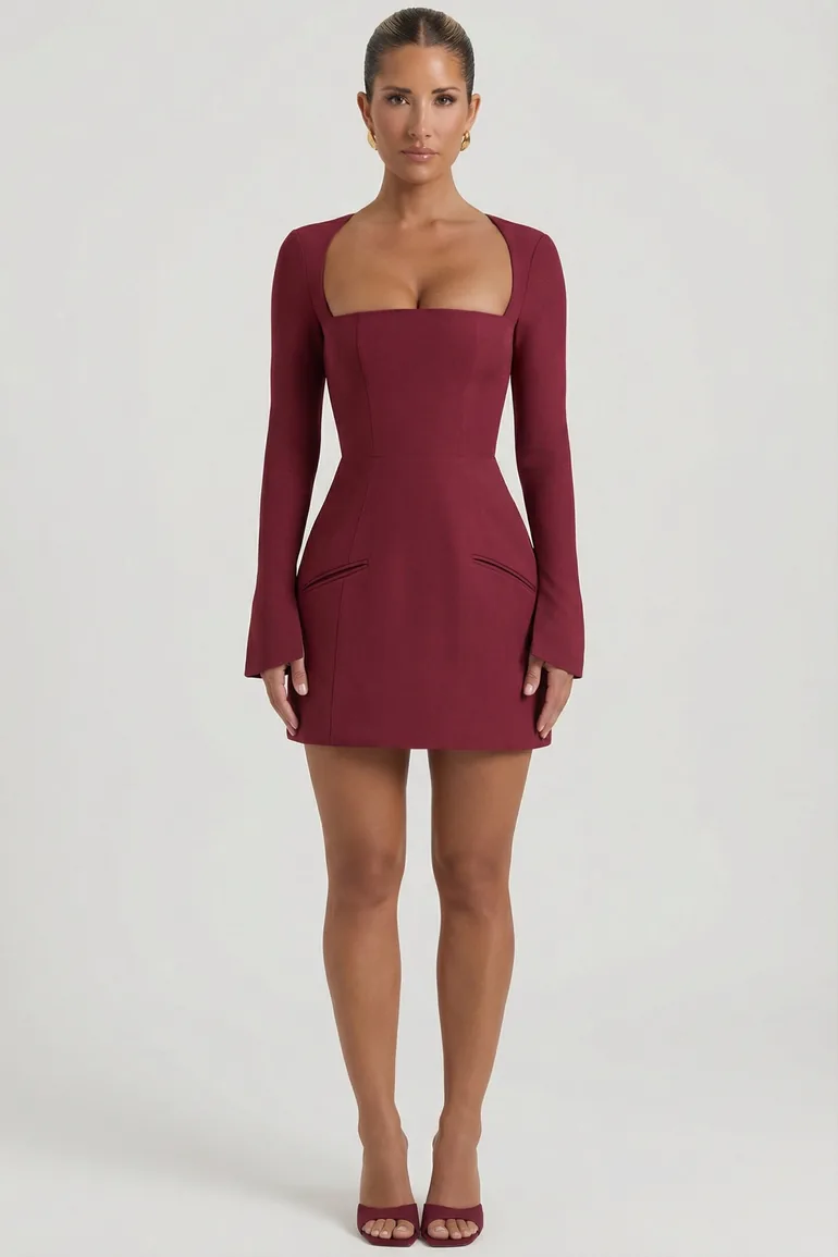 square neck structured tulip mini dress Taesha Square-Neck Structured Tulip Mini Dress in Wine Red