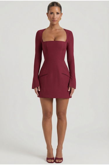 Square-Neck Structured Tulip Mini Dress in Wine Red