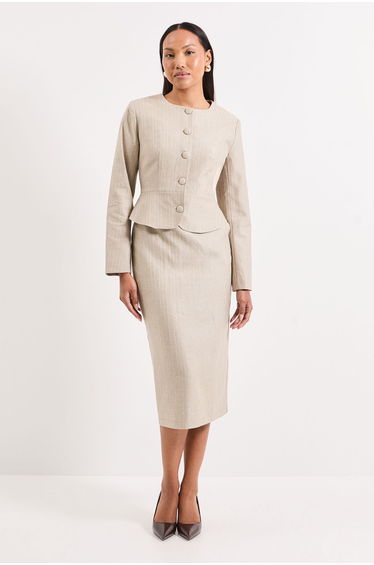 Beige Stripe Detail Peplum Crew Neck Jacket