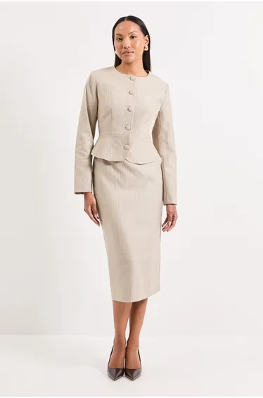 جاكيت مخطط بكشكش بيبلوم بياقة دائرية - بيج