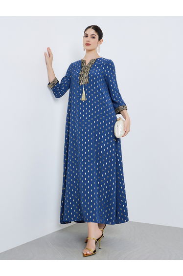 Women Blue Gold Print Maxi Jalabiya