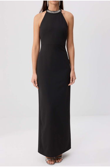 Black Plain Woven Finike Maxi Evening Dress & Homecoming Dress product thumbnail 3