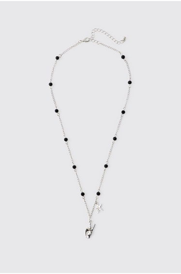 Peace Sign & Star Beaded Necklace - silver