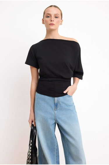 Black Fitted/Asymmetrical Collar Gathered Crop/Short Cotton Stretch Knitted Blouse