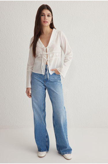 White Baby Collar Front Tie Embroidered Shirt