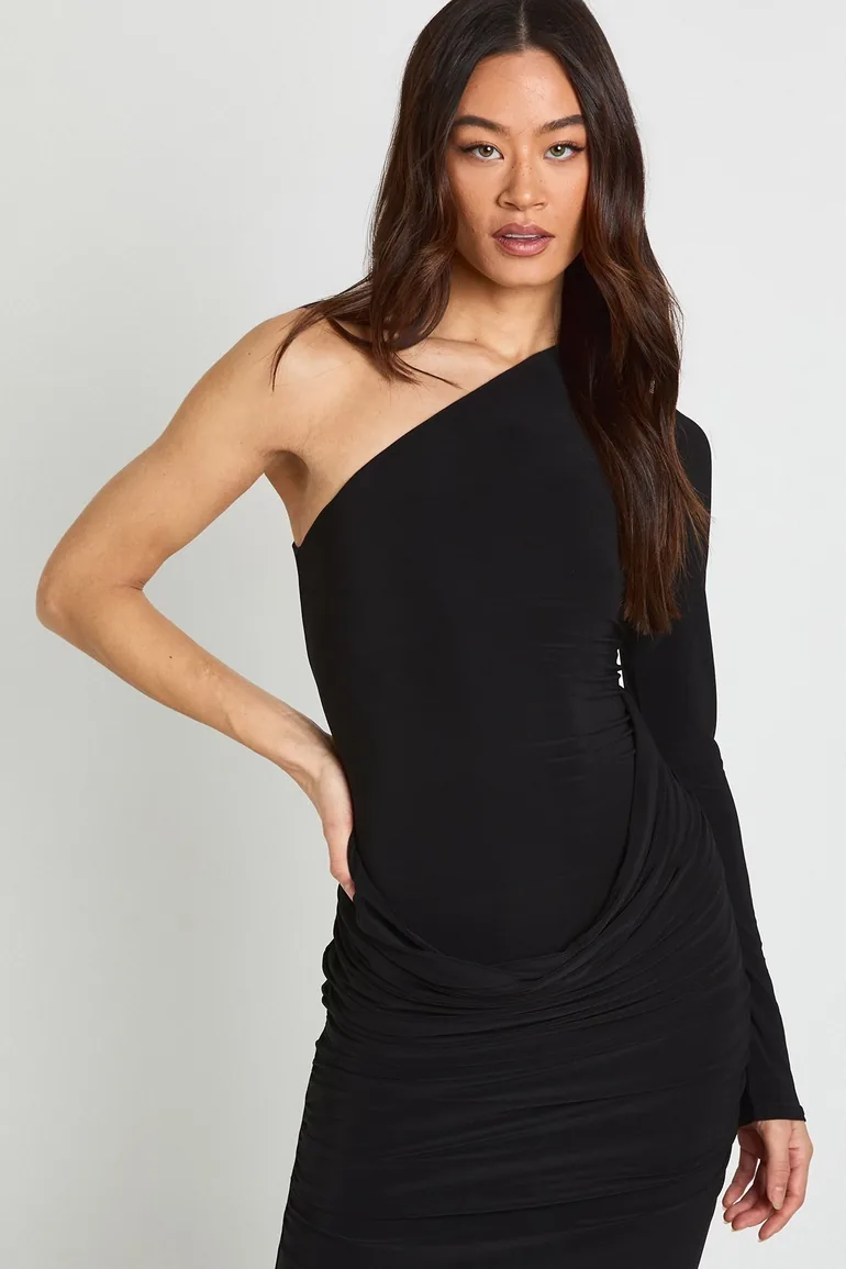 Tall Asymmetric Drape Midaxi Dress - black - 3
