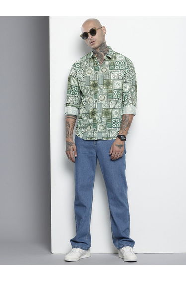 Men Green Tile Print Regular Fit Shirt