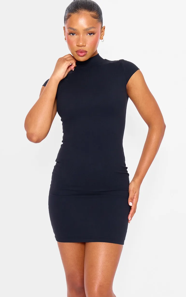 black high neck cap sleeve bodycon dress Fragola Back Bow Mini Dress