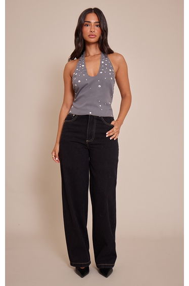 Petite Charcoal Stud Detail Halterneck Top