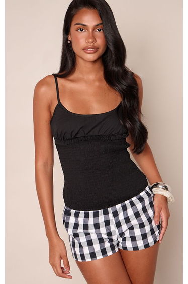 Black Cotton Shirred Corset Style Top