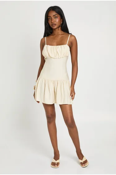 Textured Woven Ruched Bust Waist Panel Skater Dress - cream