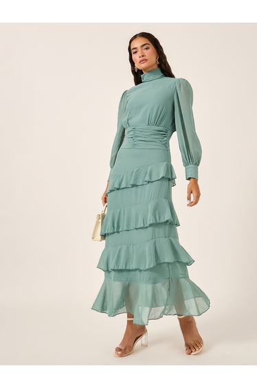 Puff Sleeves Ruffled Hem Tiered Maxi Dress