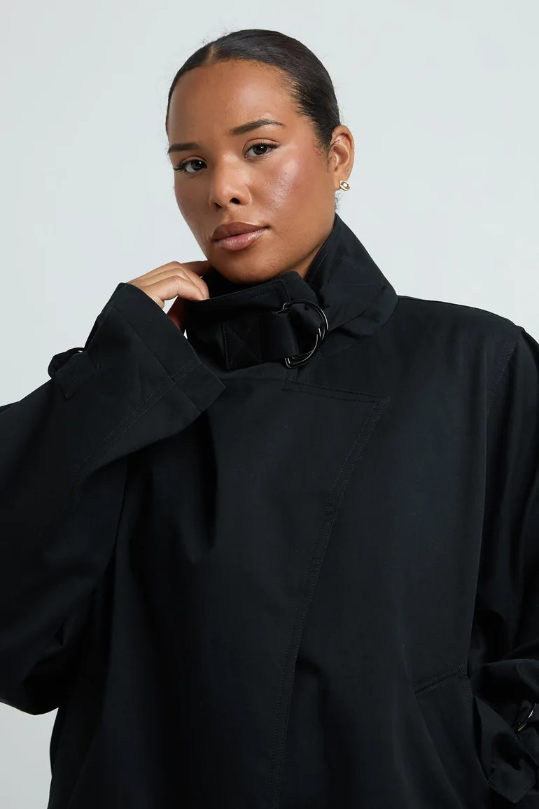 Plus Funnel Neck Wrap Trench Coat - black - 3