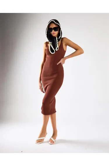Reddish Brown Ribbed V-Neck Midi Dress