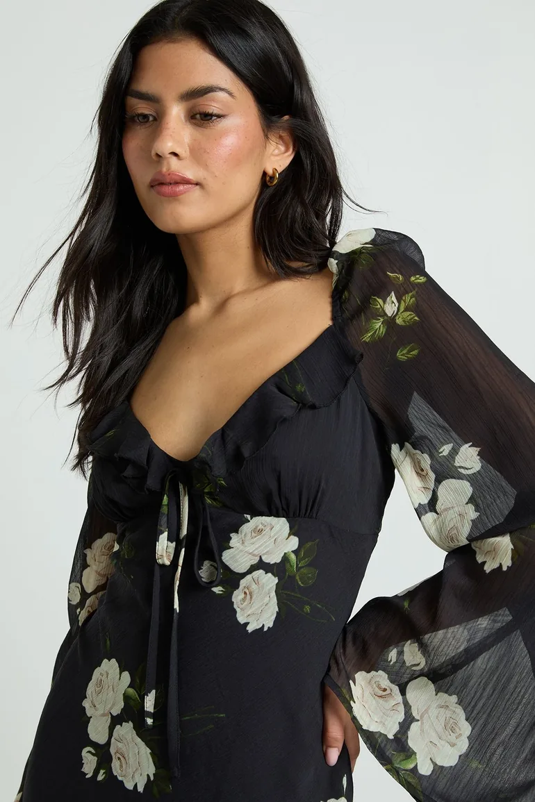 Floral Chiffon Ruffle Maxi Dress - black - 3