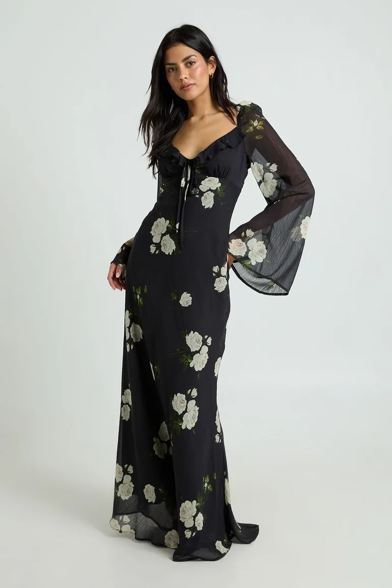 Floral Chiffon Ruffle Maxi Dress - black