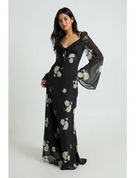 Floral Chiffon Ruffle Maxi Dress - black