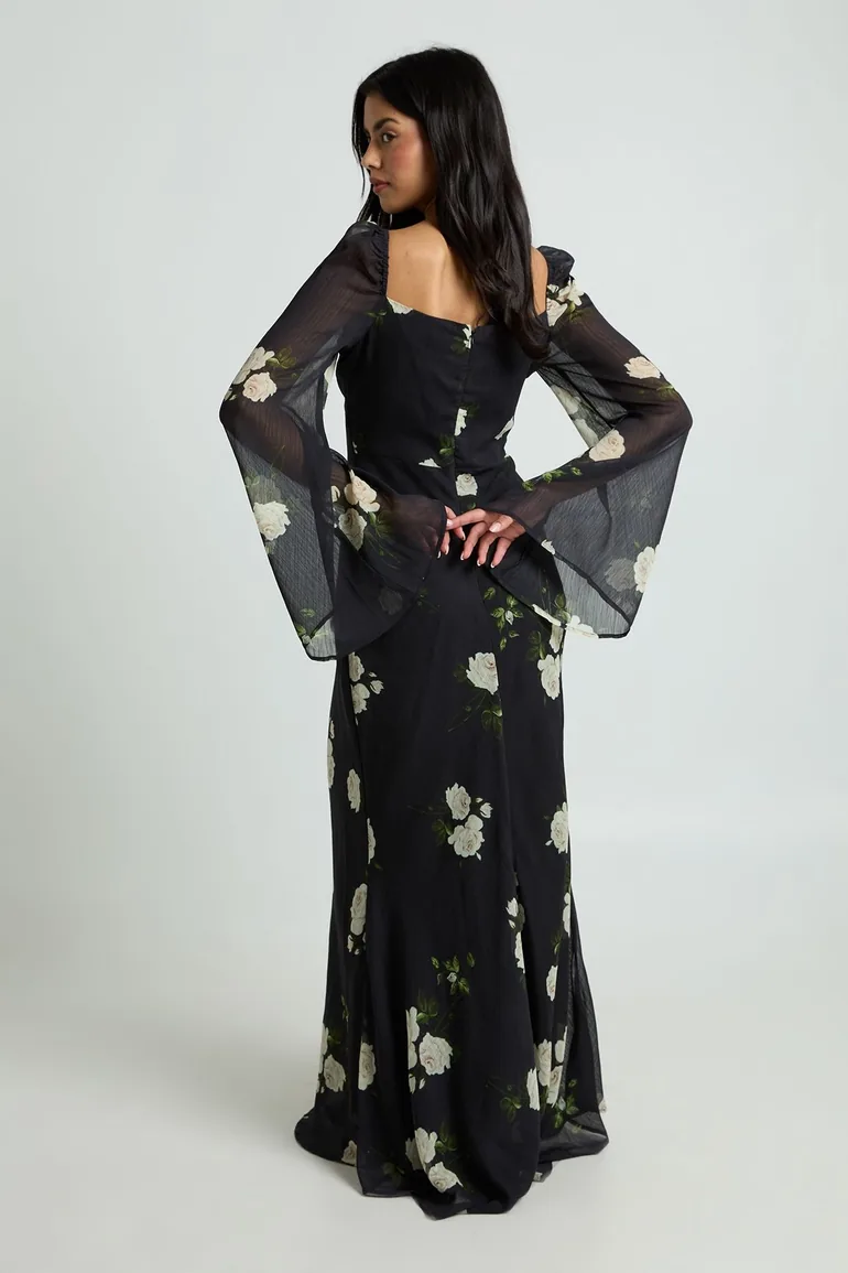 Floral Chiffon Ruffle Maxi Dress - black - 1