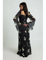 Floral Chiffon Ruffle Maxi Dress - black - 1