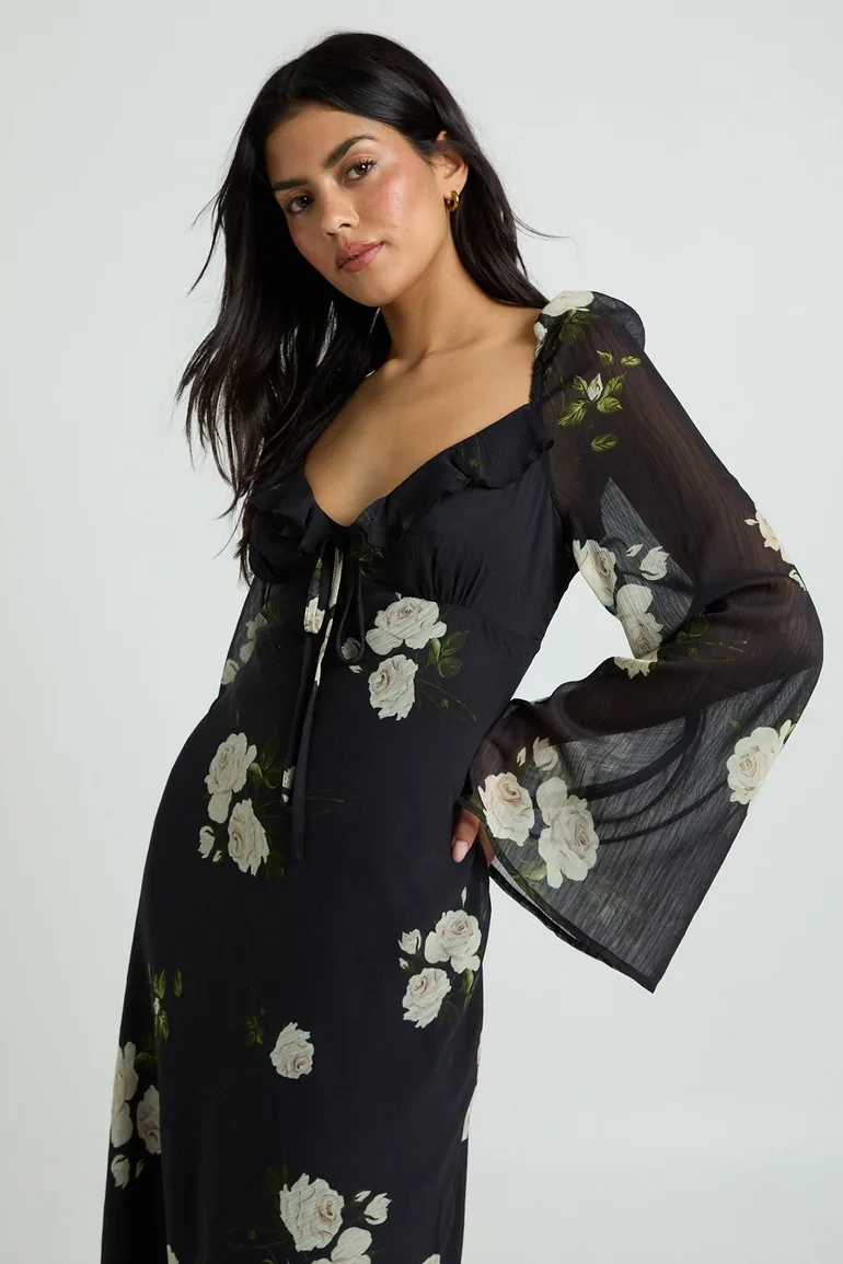 Floral Chiffon Ruffle Maxi Dress - black - 2
