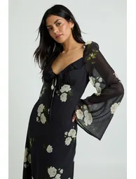 Floral Chiffon Ruffle Maxi Dress - black - 2
