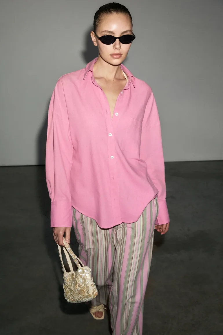 GRIMELANGE FLORETA Women's Oversized Fit Linen Blend Long Sleeve Single Pocket Pink Shirt - 1