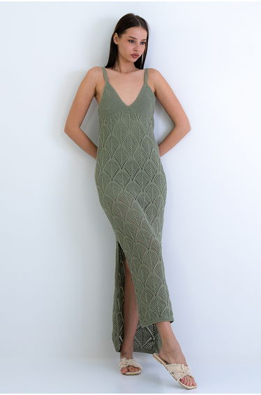 Women's Khaki Rope Strap Lined Slit Knitwear Dress