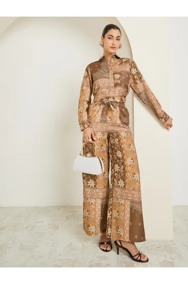 Printed Shirt and Wide Leg Pants Co-ords