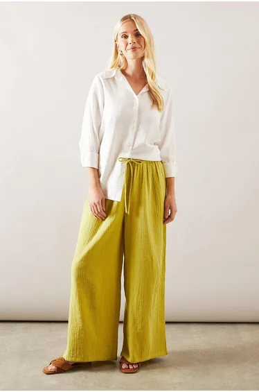 Petite Textured Drawstring Wide Leg Trouser