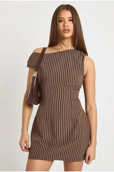 Pinstripe Off Shoulder Tailored Mini Dress - chocolate