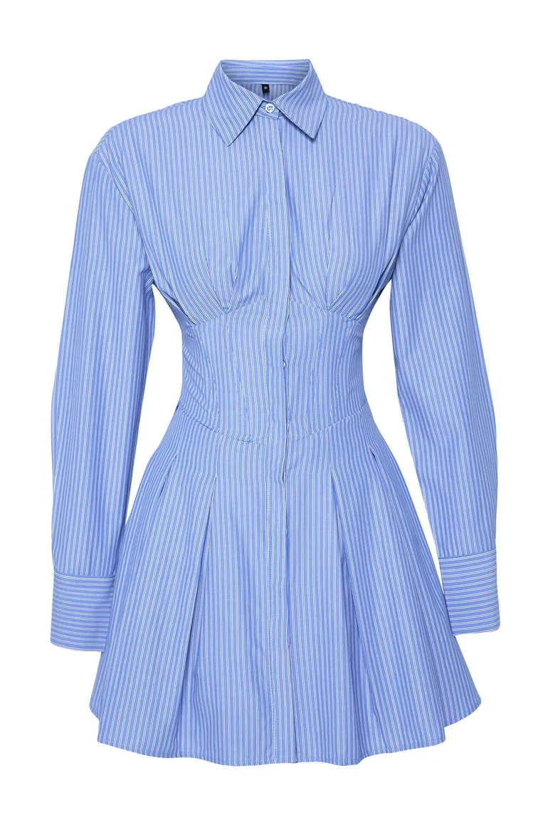 White-Blue Corset Detailed Poplin Dress - 10
