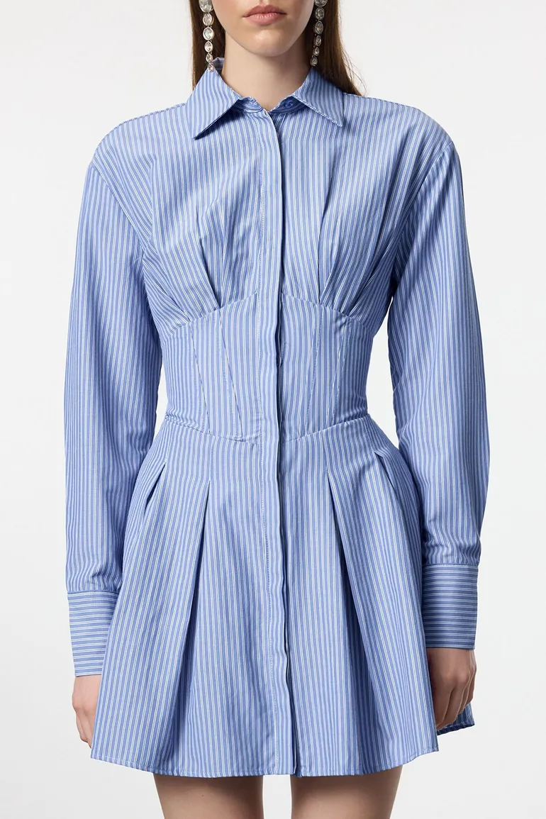 White-Blue Corset Detailed Poplin Dress - 8