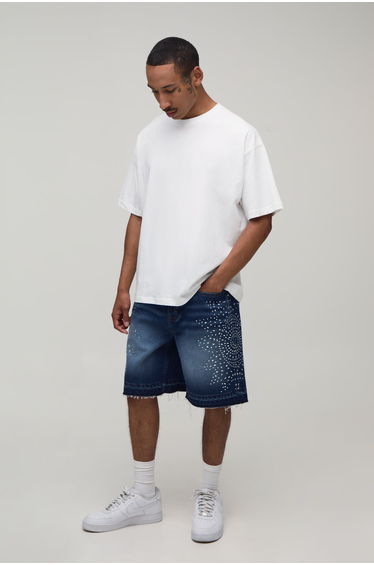Relaxed Rhinestone Raw Edge Denim Shorts - mid wash